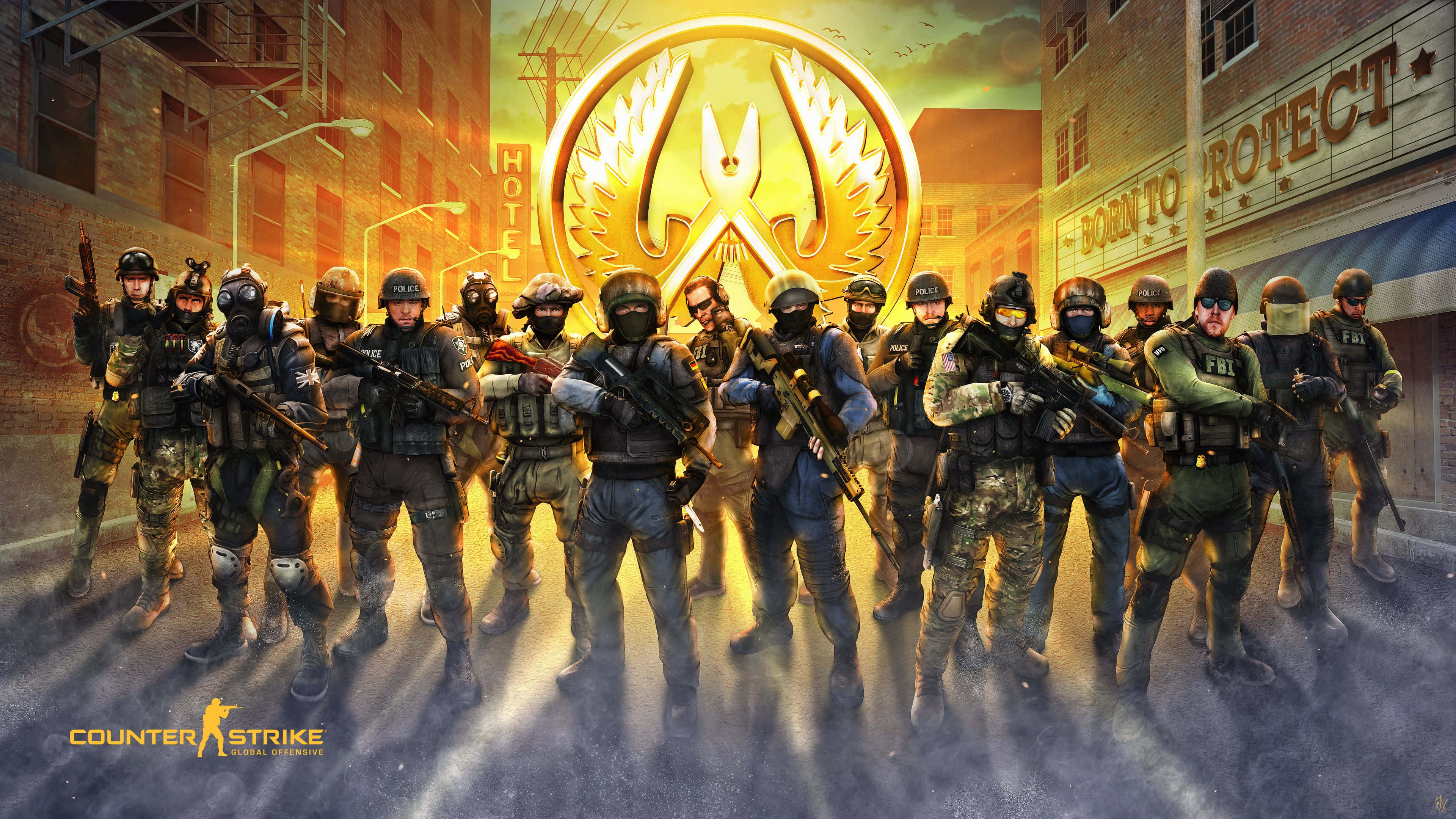 Counterstrike 桌布 壁紙 — 一隊戰術操作員身穿城市戰鬥裝備，在 gritty 的城市景觀中，於發光的金色標誌下準備就緒。