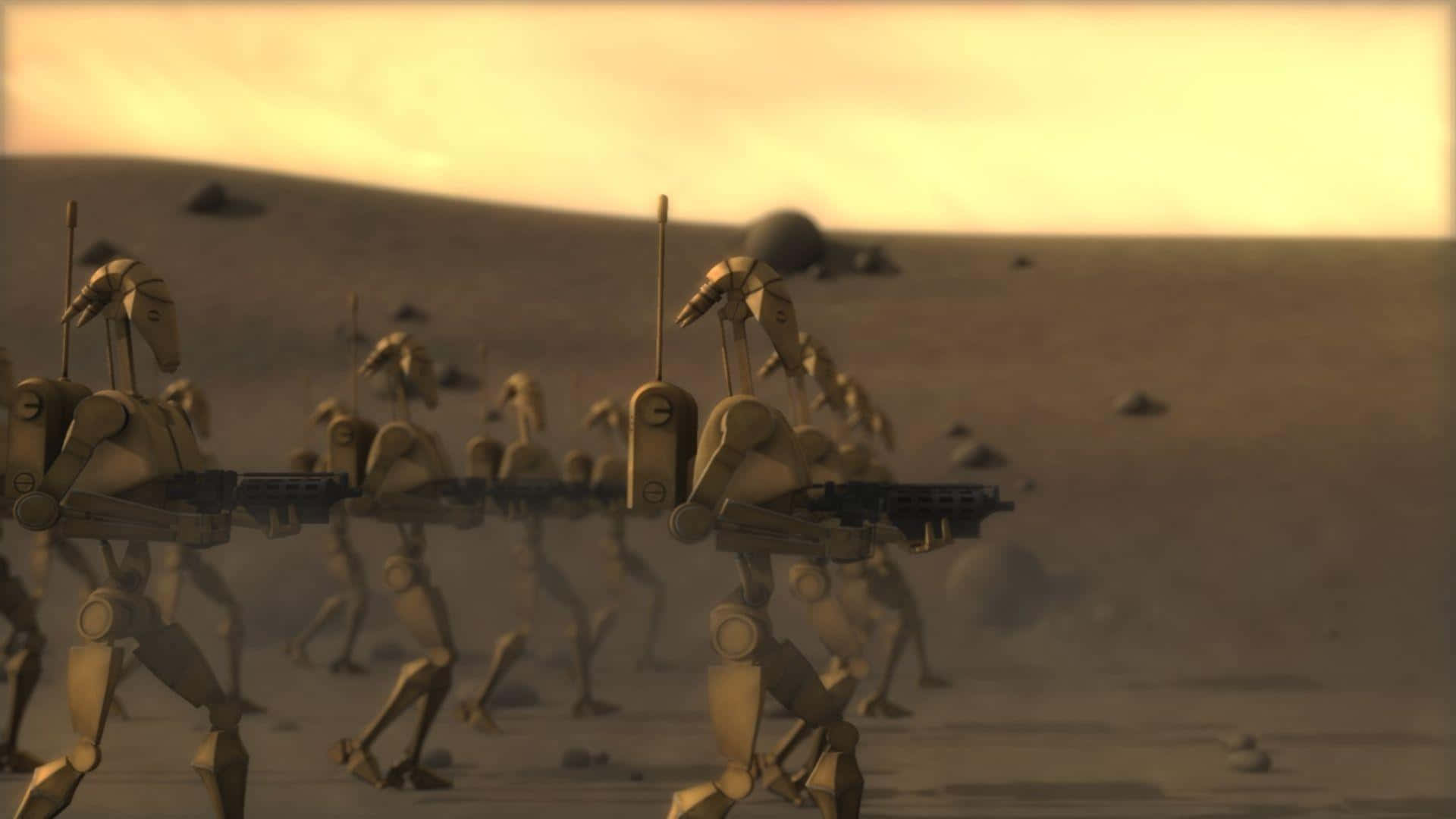 Droid Army 桌布 壁紙 — 一隊戰鬥機器人在朦朧的橙色天空下，穿越荒蕪的沙漠行軍。