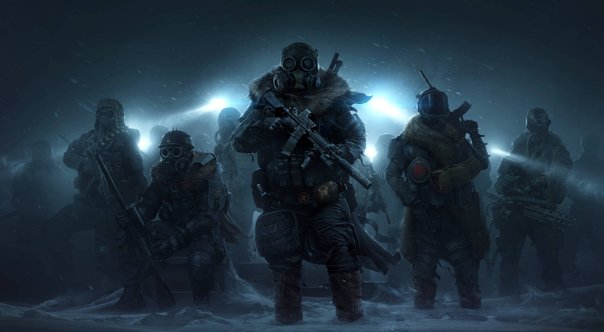 Wasteland 桌布 壁紙 — 一隊戴著防毒面具和冬季裝備的士兵站在一個被強烈探照燈照亮的積雪、昏暗的戰場上。