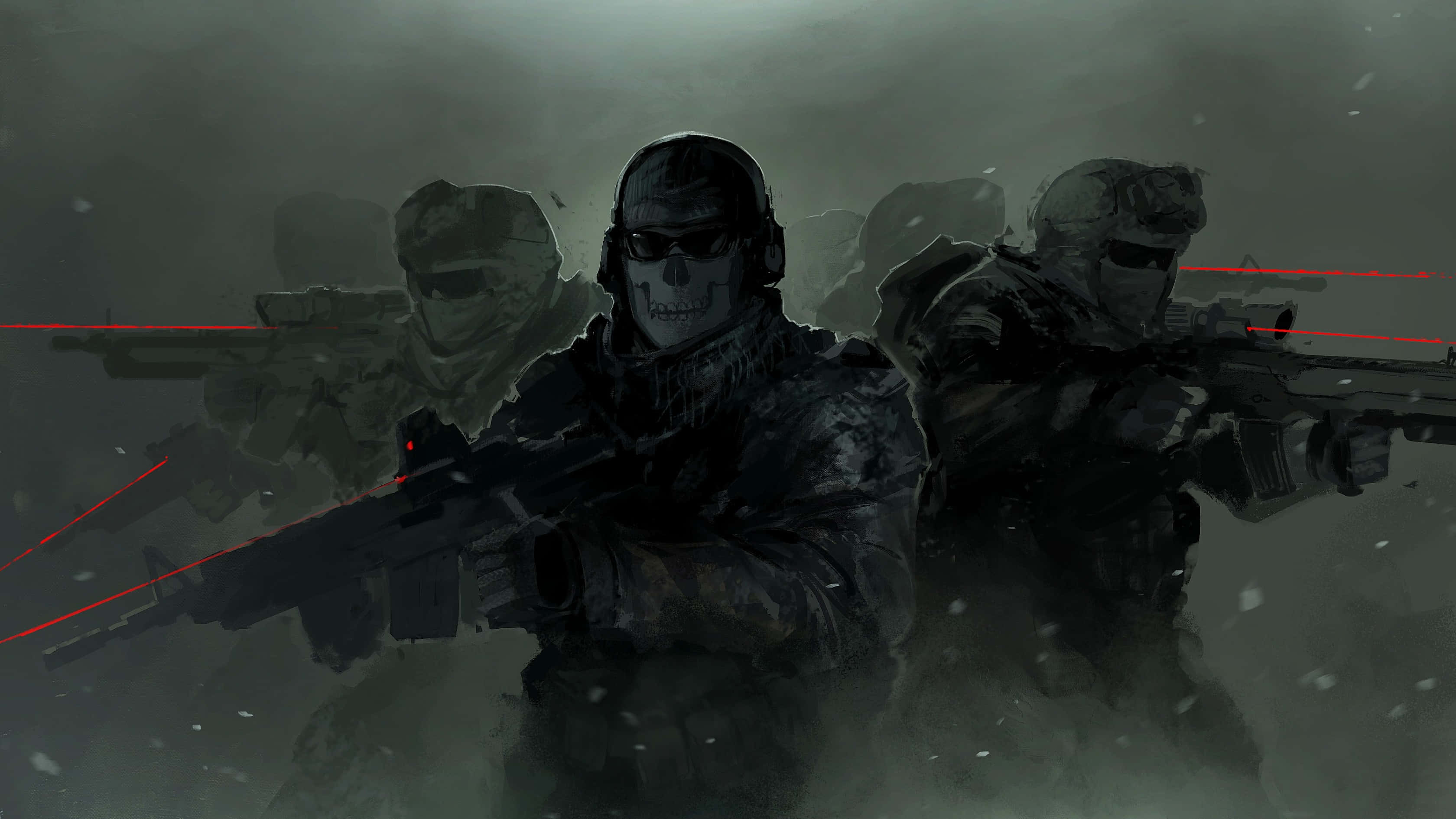 Call Of Duty First Person Shooter 桌布 壁紙 — 一隊戴面具的士兵穿著黑色裝備，在雪地戰場上前進，紅色雷射瞄準器閃爍發光。