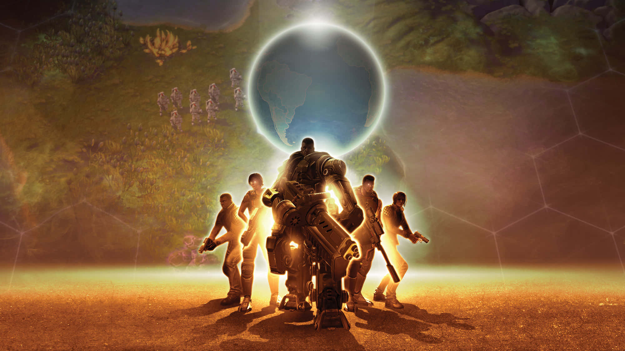 Civilization Beyond Earth 桌布 壁紙 — 一隊未來士兵站在科幻景觀中發光的外星行星前。