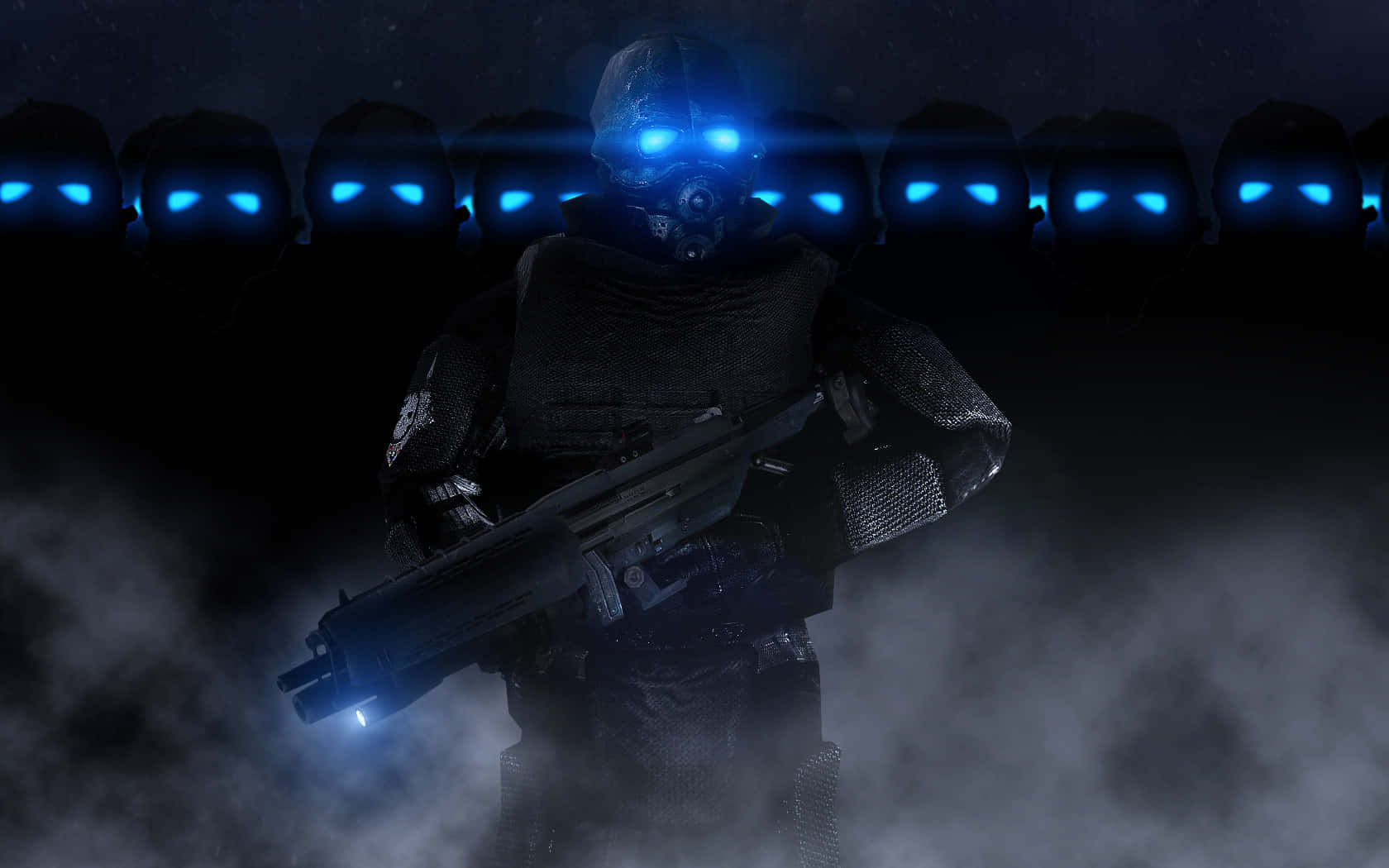 Gaming Mods 桌布 壁紙 — 一隊未來戰士，擁有發光的藍色眼睛和武器，站在星空下的黑暗迷霧中。