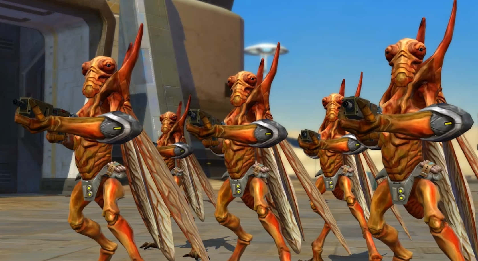 Geonosis 桌布 壁紙 — 一隊橙色昆蟲外星人，有翅膀和觸角，在晴朗藍天下持未來武器列隊行進。