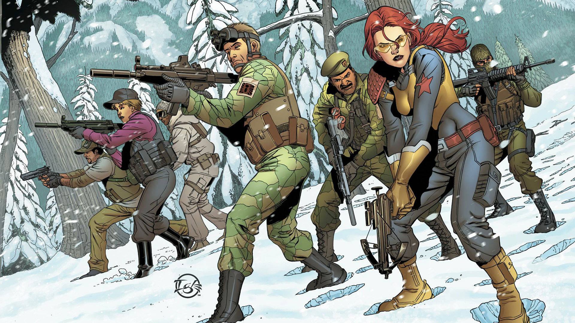 Gi Joe 桌布 壁紙 — 一隊武裝士兵和一名身穿戰術裝備的紅髮女子在飄雪中穿越白雪覆蓋的森林前進。