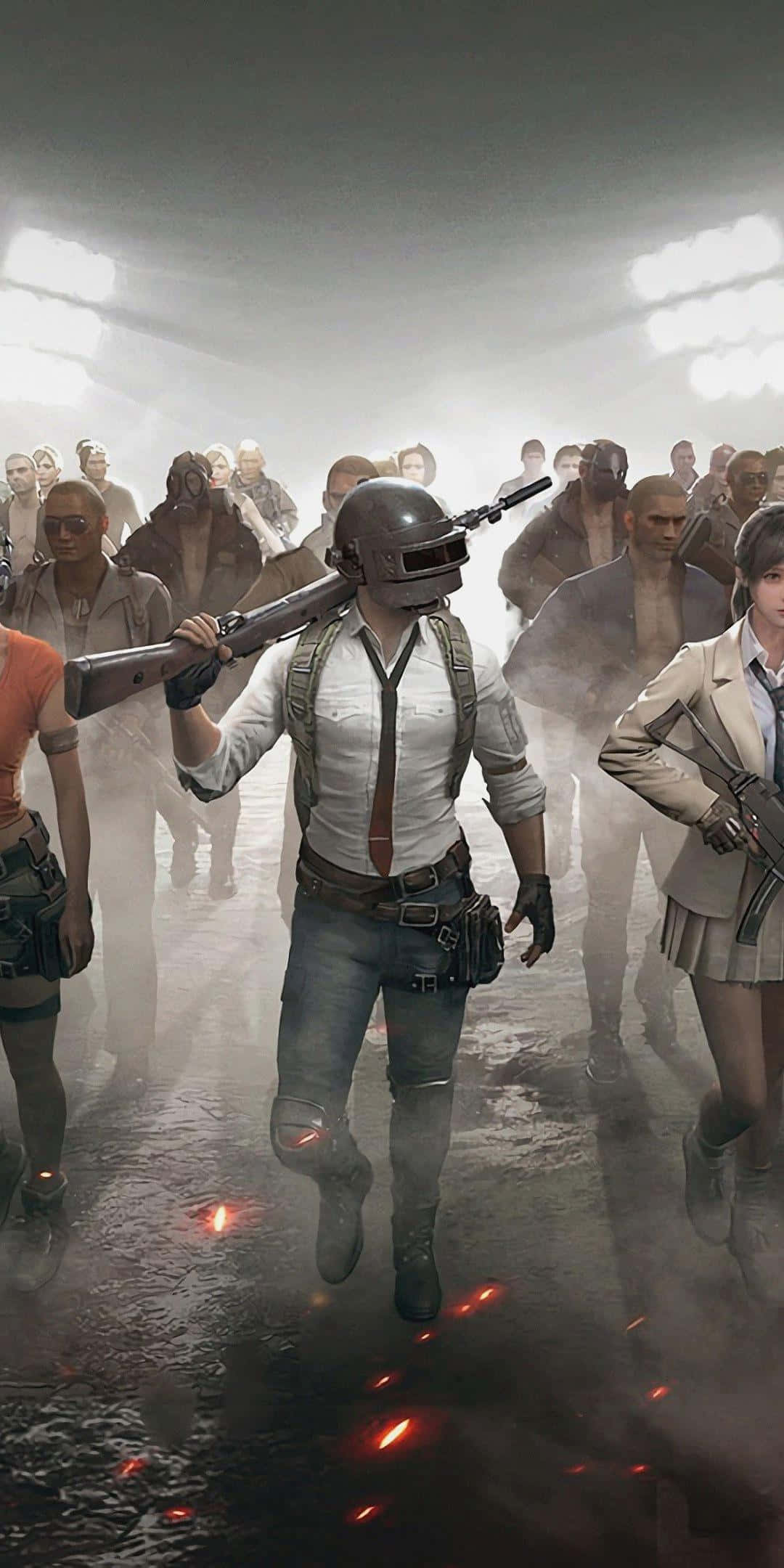 pubg mobile 桌布 壁紙 — 一隊武裝玩家身穿戰術裝備，在明亮的頭頂燈光下穿過煙霧彌漫的競技場前進。