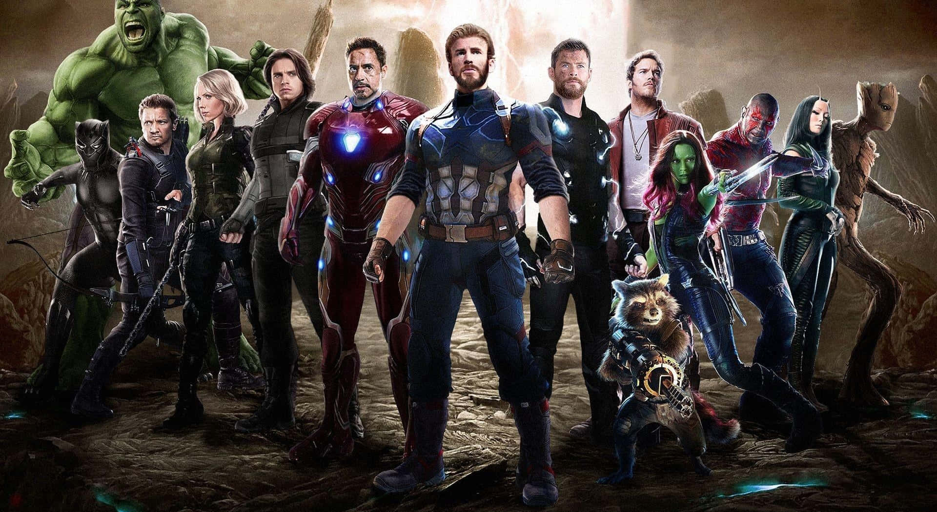 Avengers Laptop 桌布 壁紙 — 一隊英勇的Marvel超級英雄和外星人在戲劇性的岩石地形上準備戰鬥。