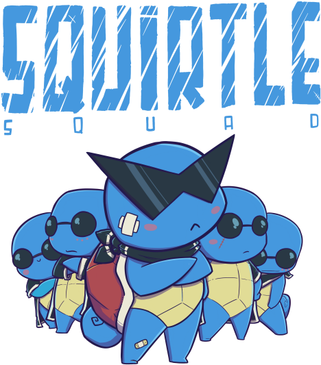 Squirtle 桌布 壁紙 — 一隊藍色卡通傑尼龜戴著太陽眼鏡和紅色背心，自信地站在黑色背景前，上方有粗體藍色文字。