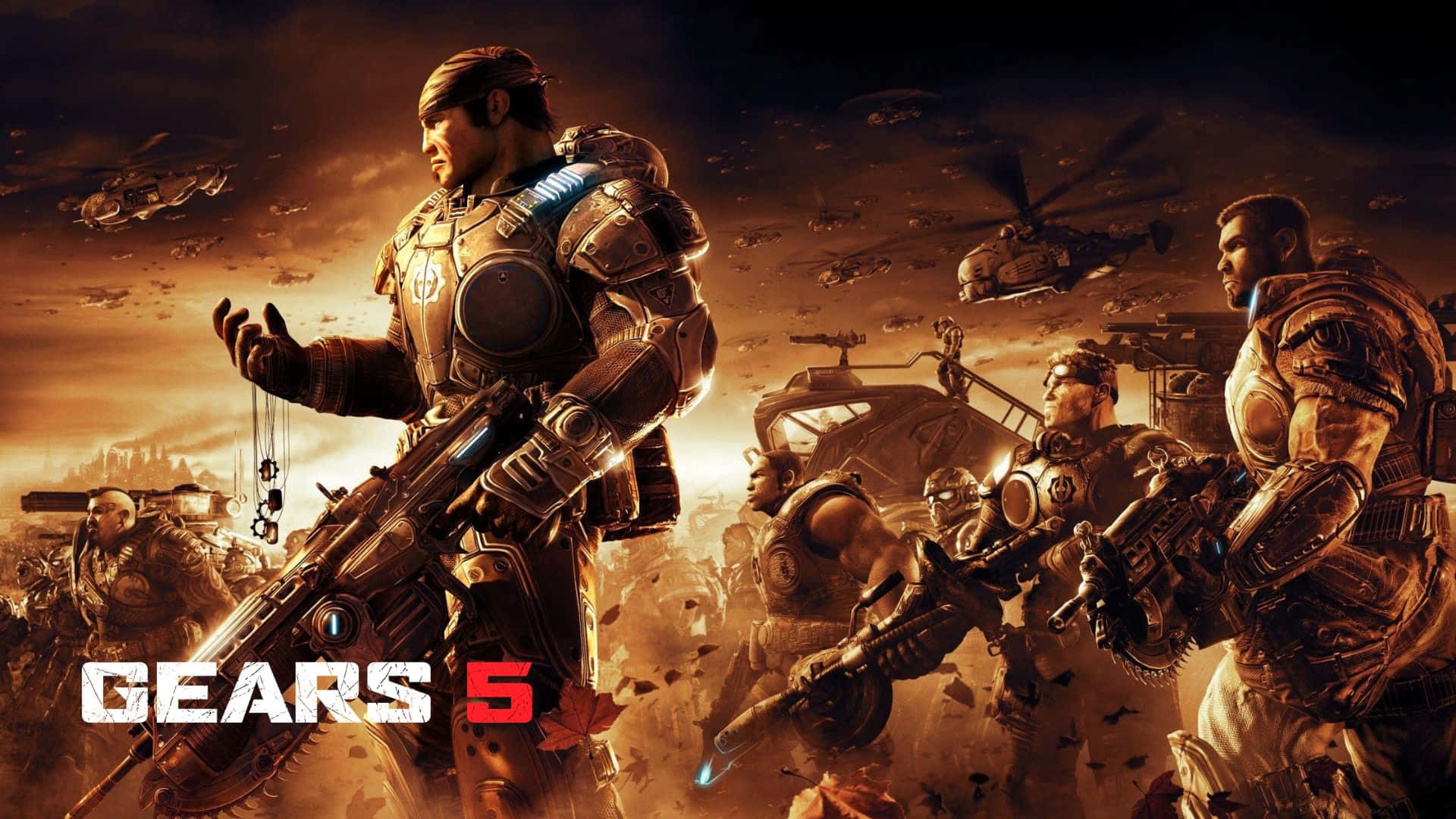 1080p Gears Of War 5 桌布 壁紙 — 一隊裝甲士兵在熾熱的橙色天空下，穿過戰火摧殘的戰場，直升機和碎片在頭頂飛過。