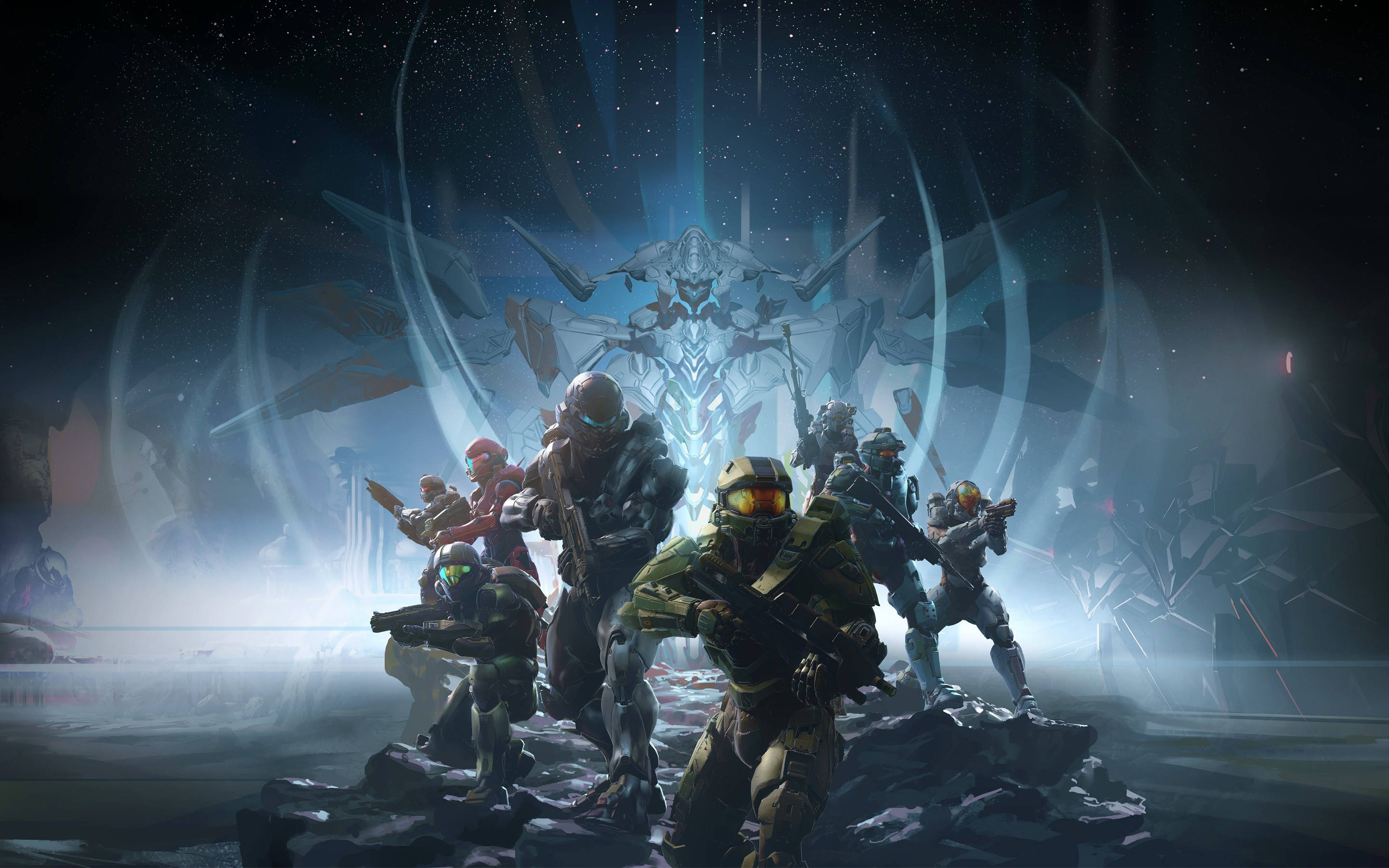 Halo Infinite 桌布 壁紙 — 一隊裝甲士兵在發光的宇宙結構下，準備就緒於岩石外星行星上。
