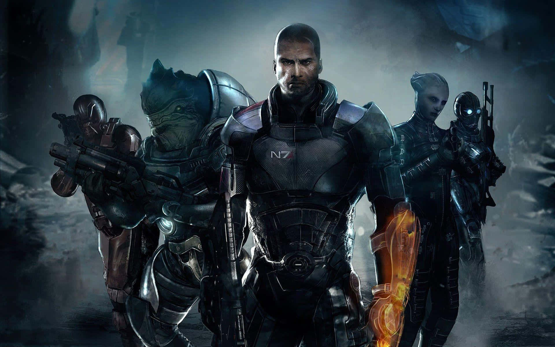 Mass Effect Multiplayer 桌布 壁紙 — 一隊裝甲士兵在黑暗迷霧的戰場上準備就緒，伴隨著發光的橙色武器效果。