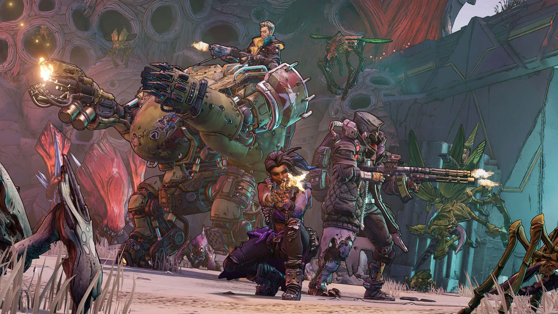 Borderlands 3 桌布 壁紙 — 一隊裝甲戰士和一個巨型機甲在霓虹燈照亮的科幻廢墟中與外星生物戰鬥。