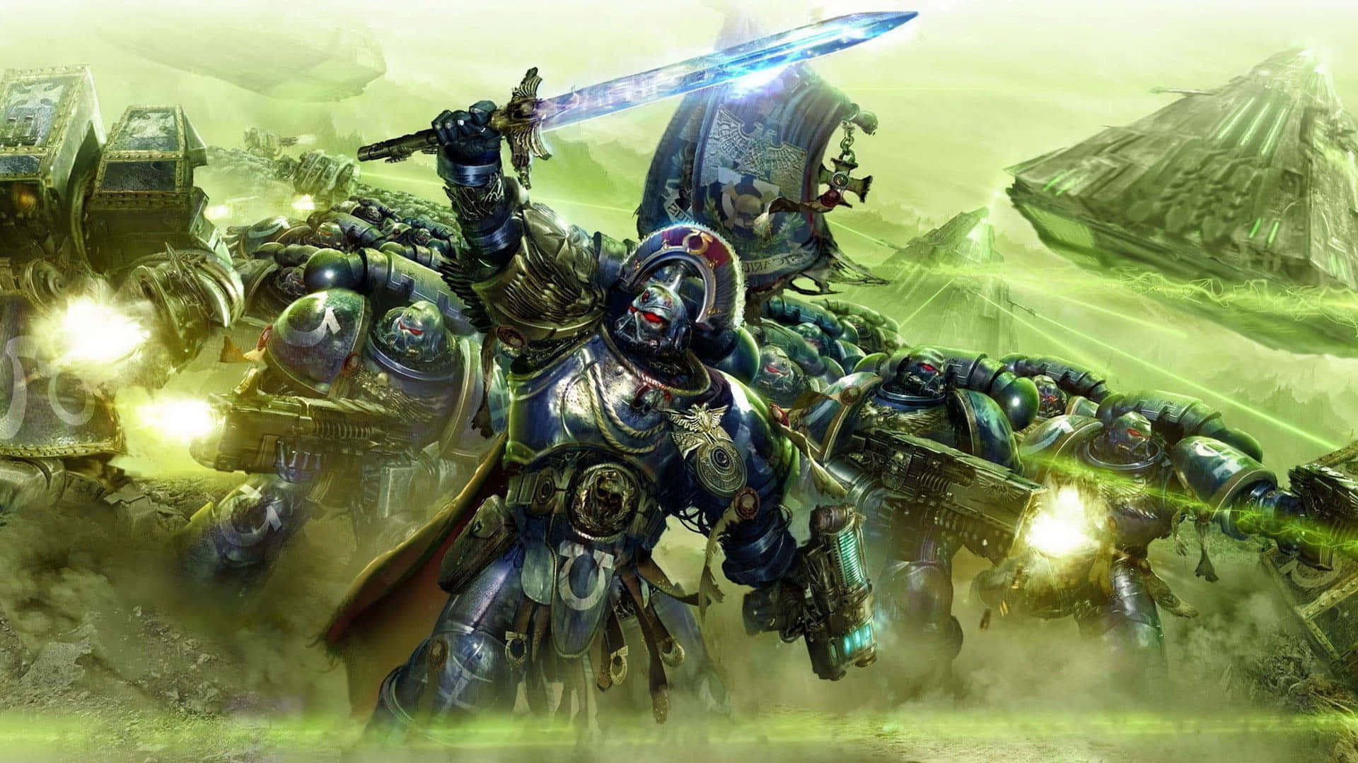 電玩遊戲 桌布 壁紙 — 一隊裝甲戰士在發光的綠色戰場上，武器在煙霧和碎片中射擊。