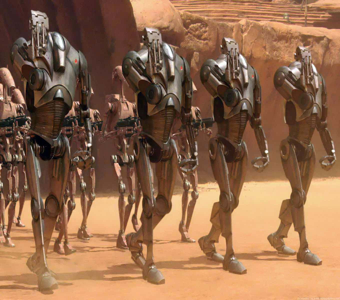 Droid Army 桌布 壁紙 — 一隊裝甲機器人在烈日下整齊劃一地穿過佈滿灰塵的外星峽谷。