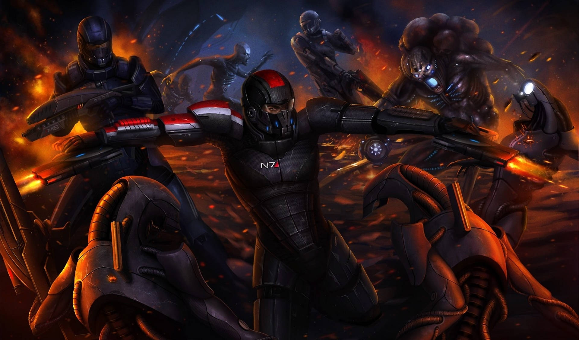 Mass Effect 3 桌布 壁紙 — 一隊身穿N7裝備的裝甲士兵在火焰爆炸和外星生物中開火，呈現混亂的戰鬥場景。