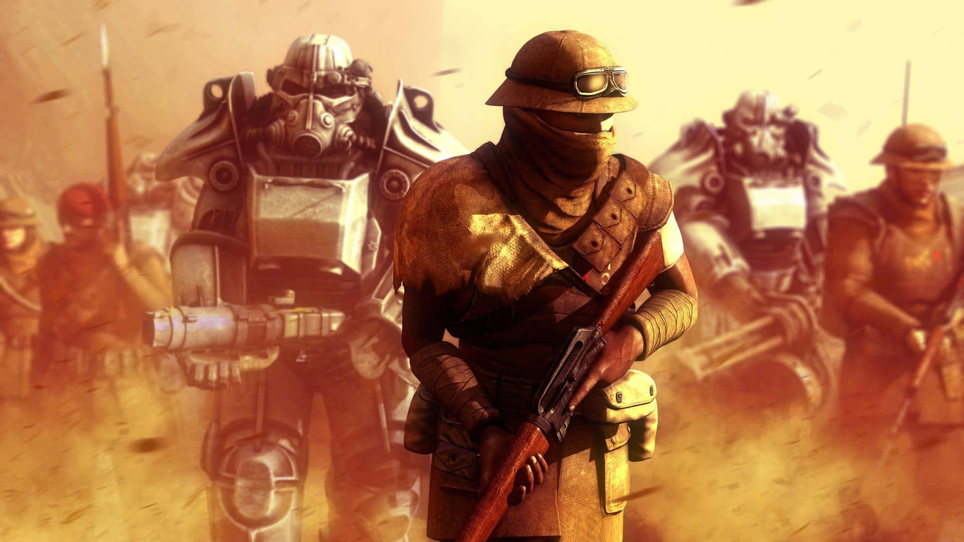 Fallout Nv 桌布 壁紙 — 一隊身穿塵土盔甲的末世戰士，在朦朧的沙漠戰場上前進。