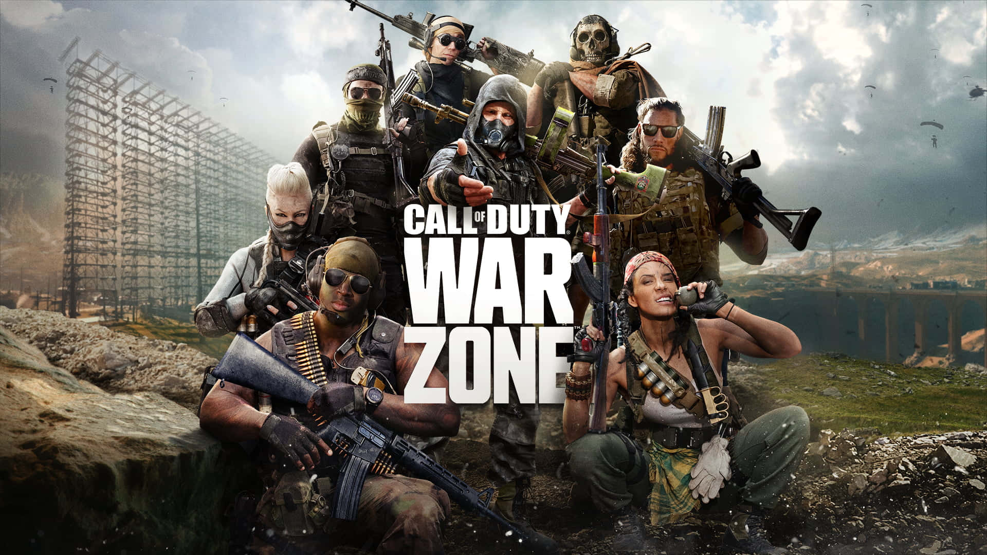 Xbox Games 桌布 壁紙 — 一隊身穿戰術裝備的武裝士兵在戰火摧殘的戰場上擺姿勢，背景是一座巨大的無線電塔。