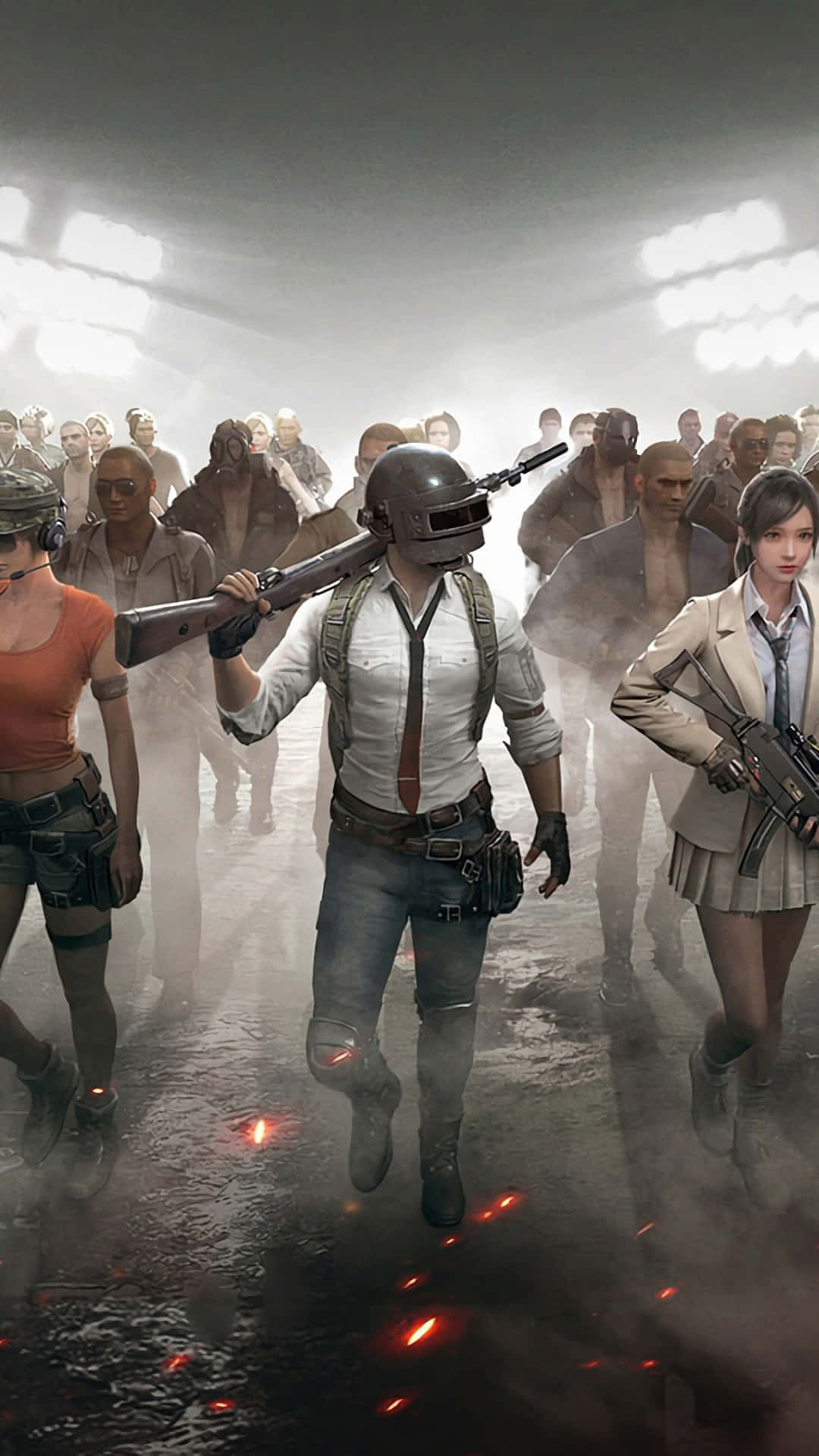 Playerunknown's Battlegrounds 桌布 壁紙 — 一隊身穿戰術裝備的武裝玩家在明亮的頭頂燈光下，穿過煙霧彌漫的競技場向前邁進。