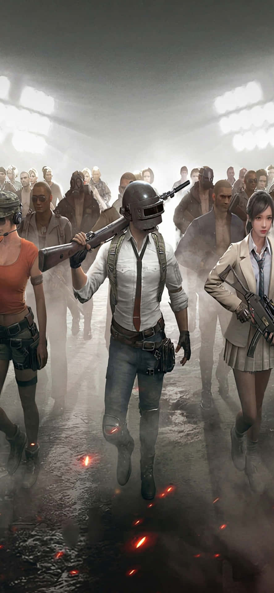 iPhone X Playerunknown's Battlegrounds 桌布 壁紙 — 一隊身穿戰術裝備的武裝遊戲玩家在明亮的頭頂燈光下，穿過煙霧瀰漫的競技場前進。