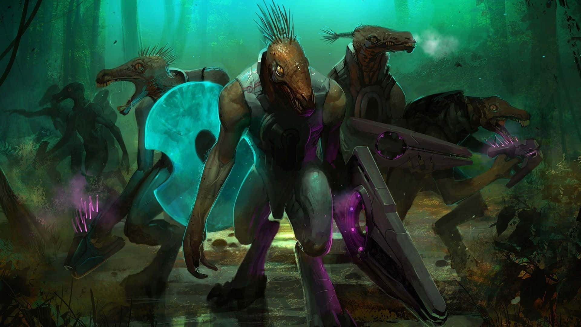 Halo Covenant 桌布 壁紙 — 一隊身穿未來裝甲的爬蟲類戰士，手持發光武器，在迷霧籠罩的綠色森林中前進。
