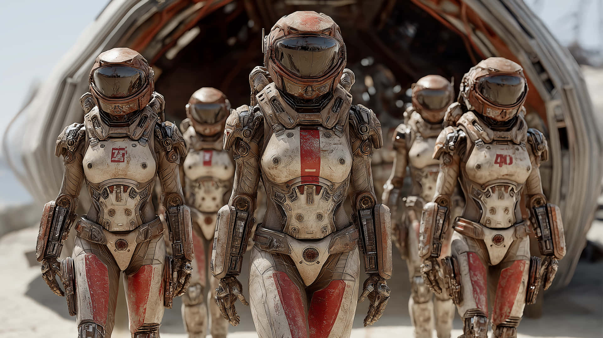 Futuristic Humanoid Aliens with Ornate Cybernetic Armor Design 壁紙 — 一隊身穿破舊白色和紅色太空衣的太空人，從一艘生鏽的太空船中出現，踏上荒蕪的外星景觀。