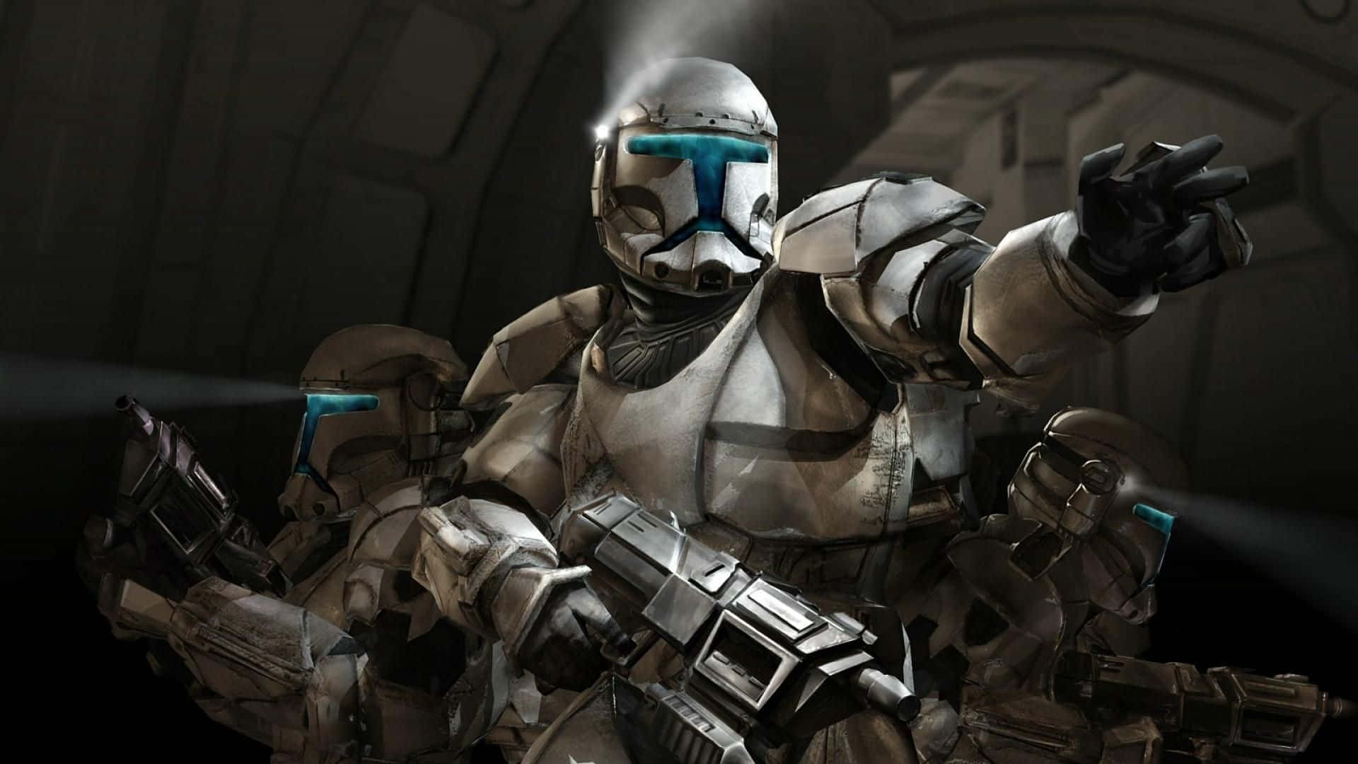 Clone Wars 桌布 壁紙 — 一隊身穿精細裝甲的複製人突擊兵在燈光昏暗的未來風格走廊中手持爆能槍準備就緒。