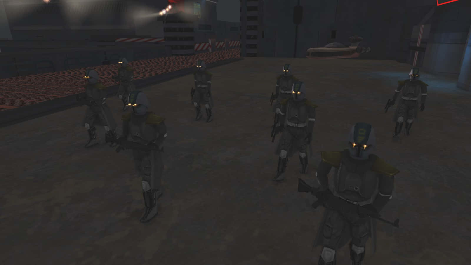 The Coruscant Underworld 桌布 壁紙 — 一隊身穿裝甲、頭戴發光頭盔的士兵，在刺眼的人造燈光下行進穿過昏暗的工業設施。