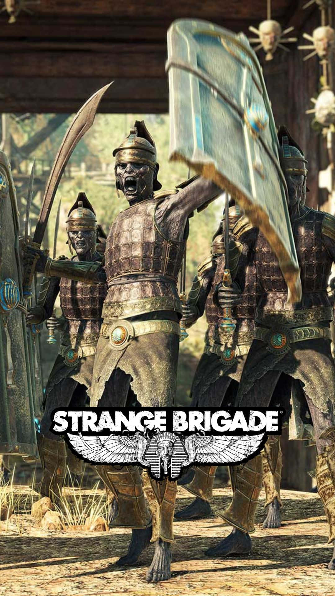 Android Strange Brigade 桌布 壁紙 — 一隊身穿裝甲、頭戴華麗頭盔、手持盾牌的戰士，站在陽光普照的古代遺跡中，以戰鬥陣型咆哮。