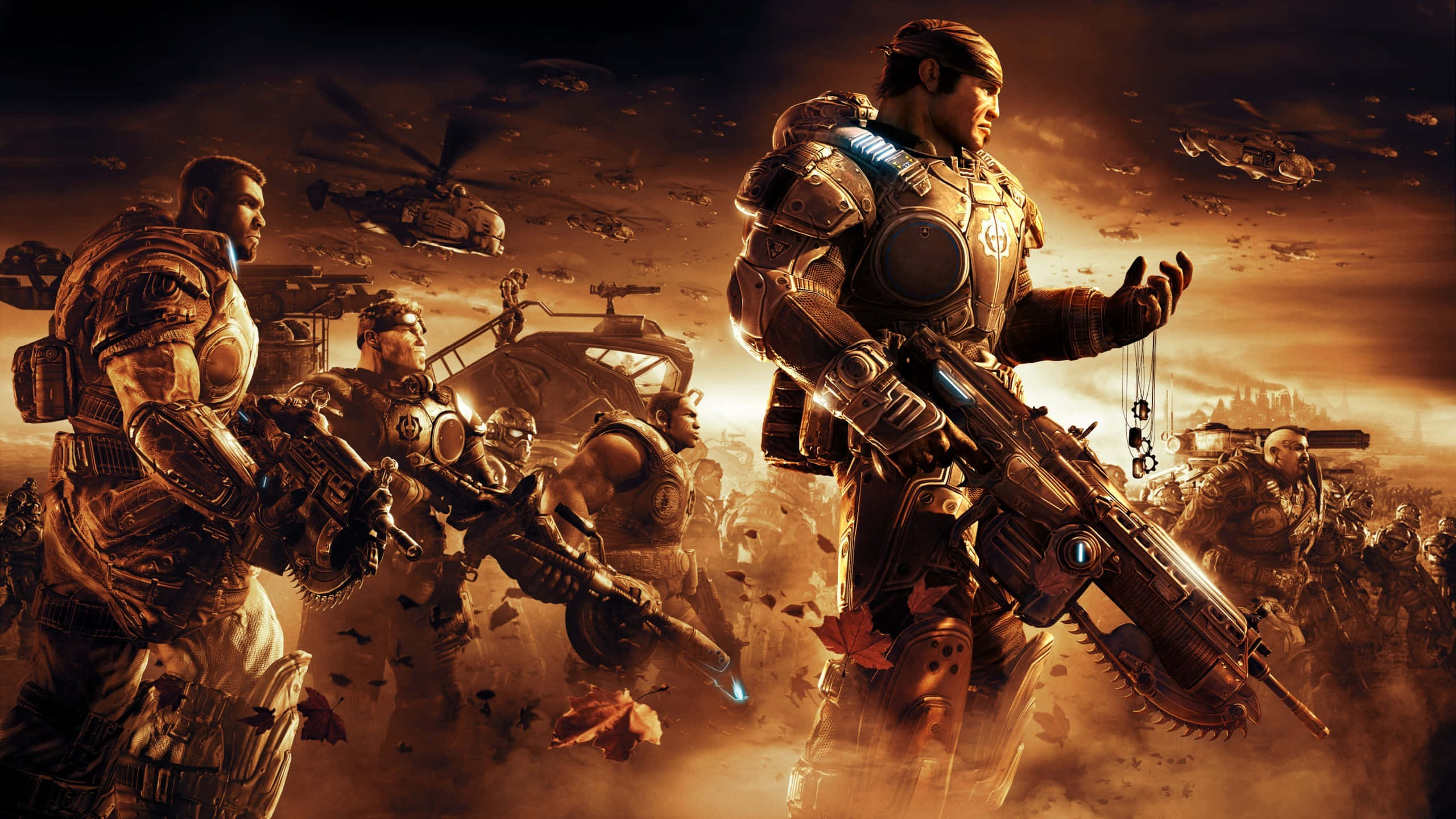 Gears Of War Ultimate Edition 桌布 壁紙 — 一隊重裝士兵在塵土飛揚的戰場上前進，頭頂是火紅的橙色天空，直升機在上空飛翔。