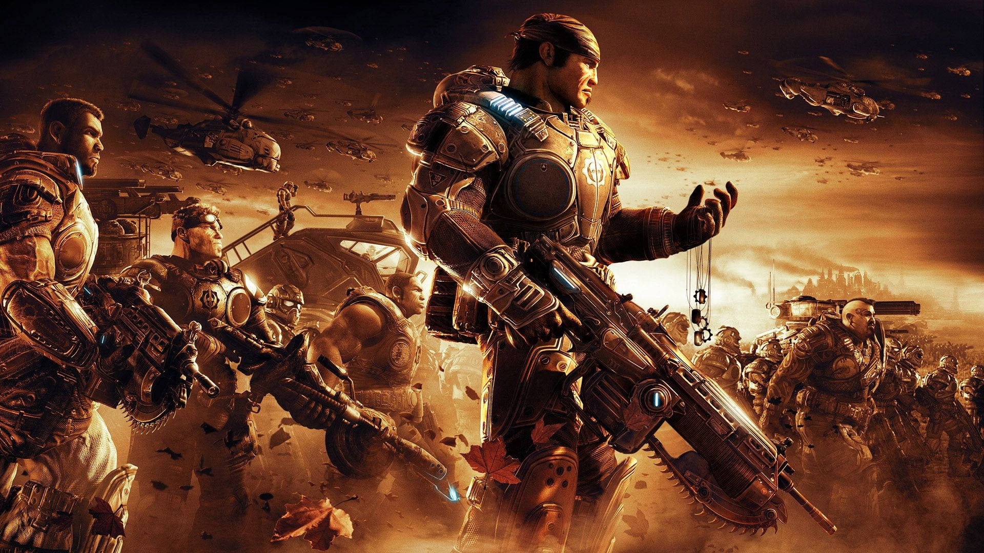 Gears Of War 桌布 壁紙 — 一隊重裝士兵在熾熱橙色天空下，頭頂有直升機，穿越塵土飛揚的戰場前進。