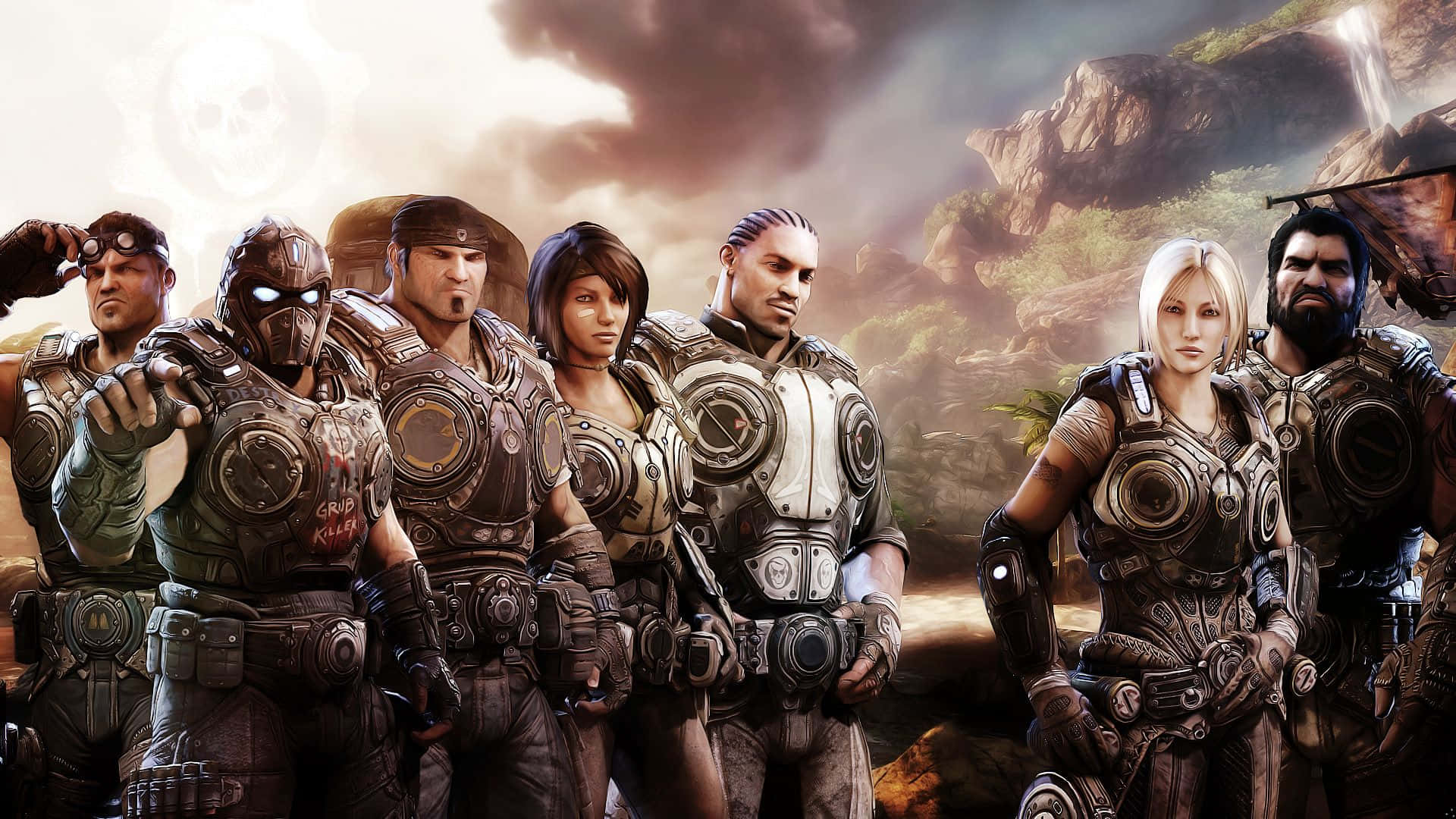 Xbox Games 桌布 壁紙 — 一隊重裝士兵站在崎嶇的山地地形中，天空烏雲密布，氣氛戲劇化。