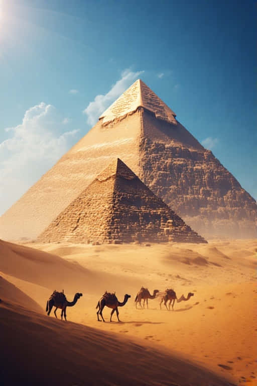 Pyramids of Giza Timeless Desert 4K 壁紙 — 一隊駱駝商隊穿越金色沙漠沙丘，在廣闊藍天下，背景中兩座巨大的金字塔巍然聳立。