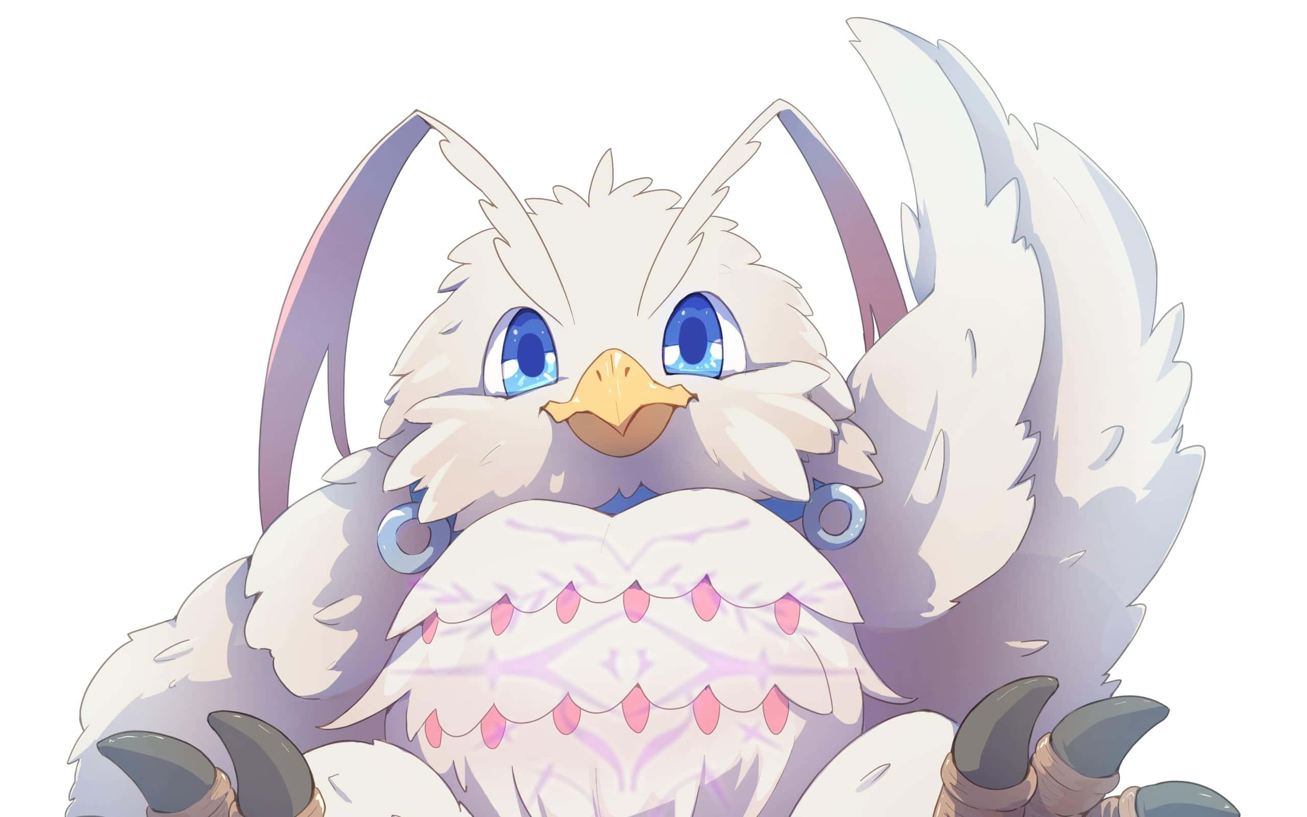 Shield Hero 桌布 壁紙 — 一隻 fluffy 白色動畫貓頭鷹，擁有明亮的藍色眼睛和粉紅色羽毛圖案，直視觀眾。