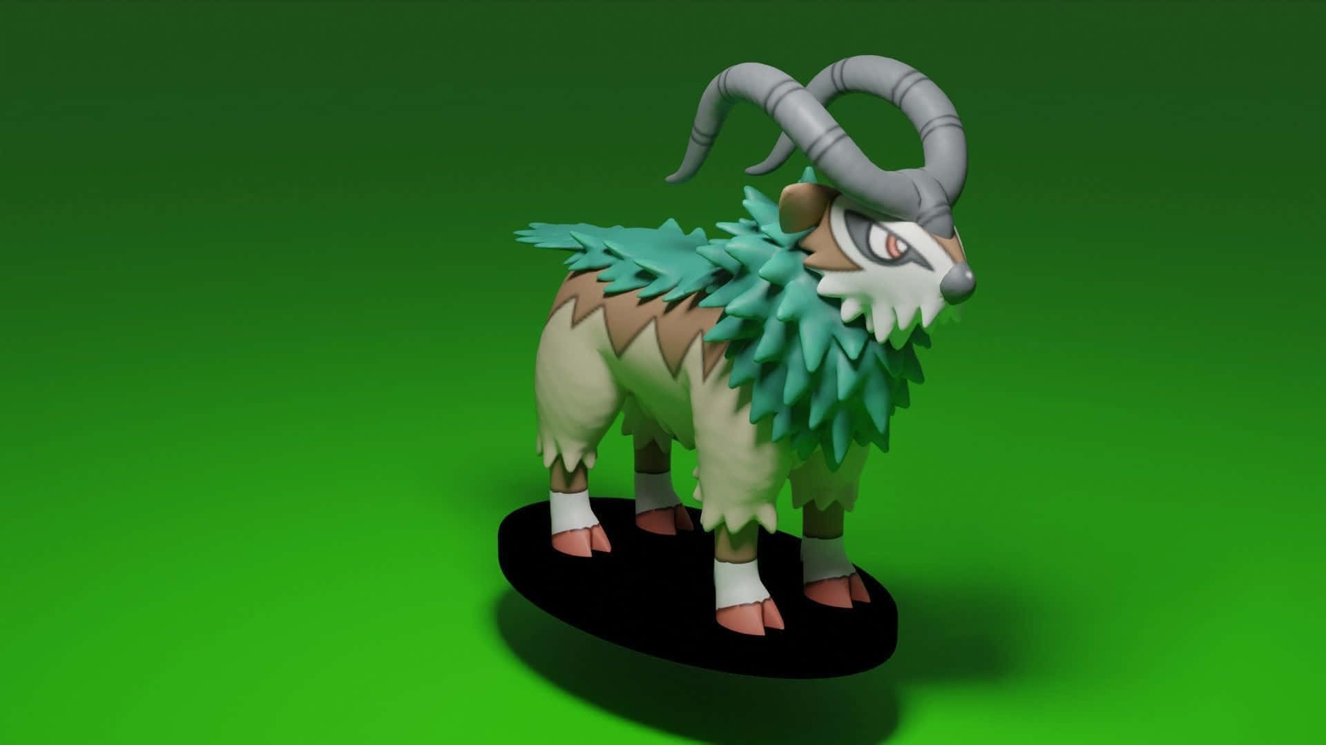 3D 桌布 壁紙 — 一隻3D渲染、像山羊的寶可夢，擁有綠色葉狀鬃毛和彎曲的角，站在黑色底座上，背景是純綠色。