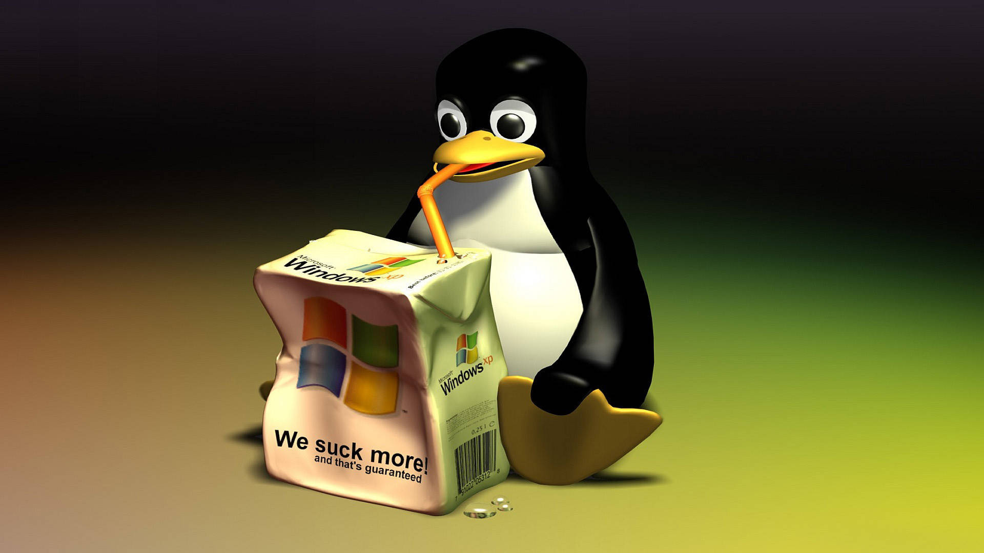 Linux企鵝從帶有諷刺文字的Windows果汁盒中飲用。 — 3D 桌面 GIF 壁紙