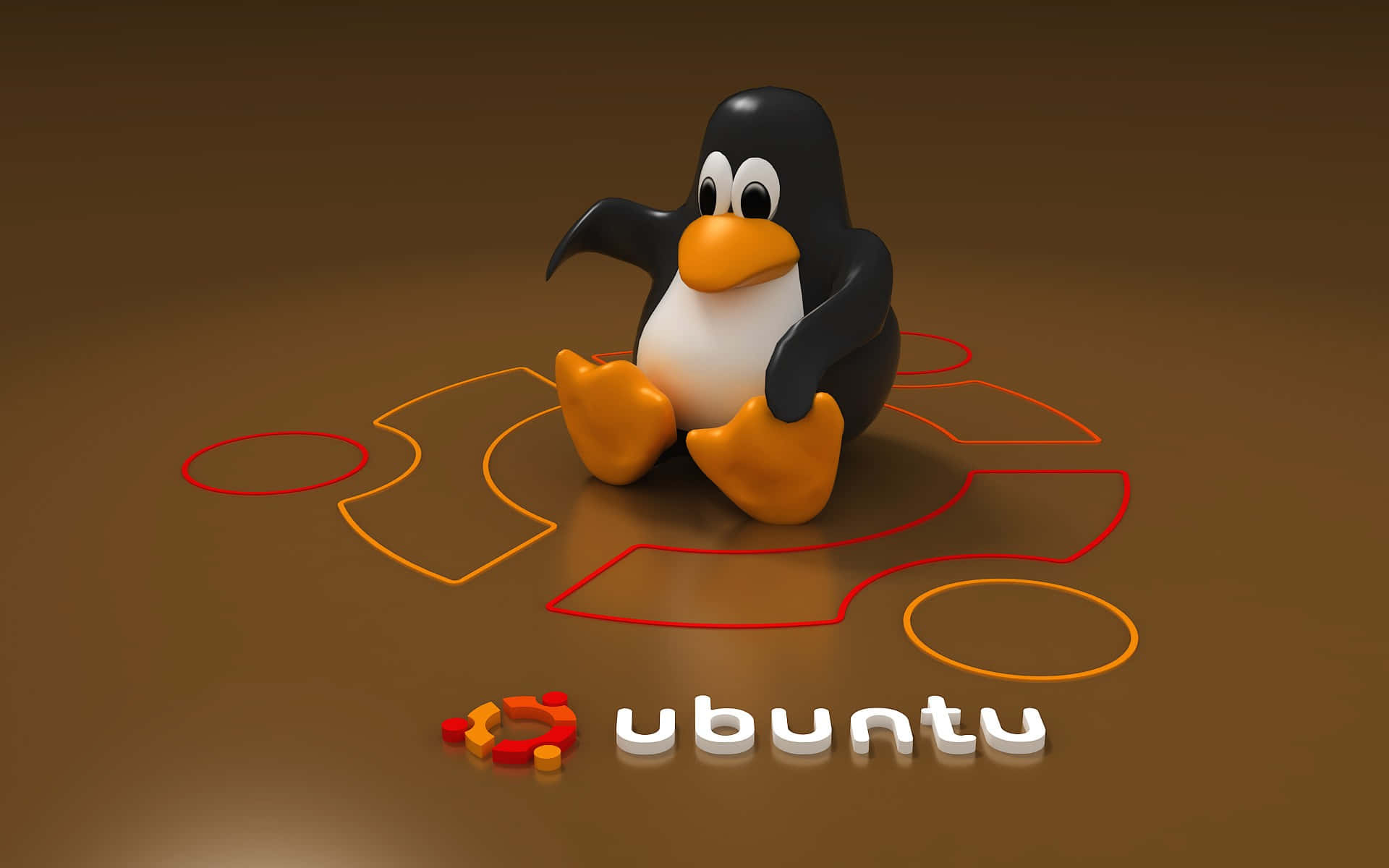 ubuntu 桌布 壁紙 — 一隻3D渲染的Tux企鵝坐在棕色地板上，周圍環繞著發光的紅色和橙色拼圖輪廓，附近有Ubuntu標誌。