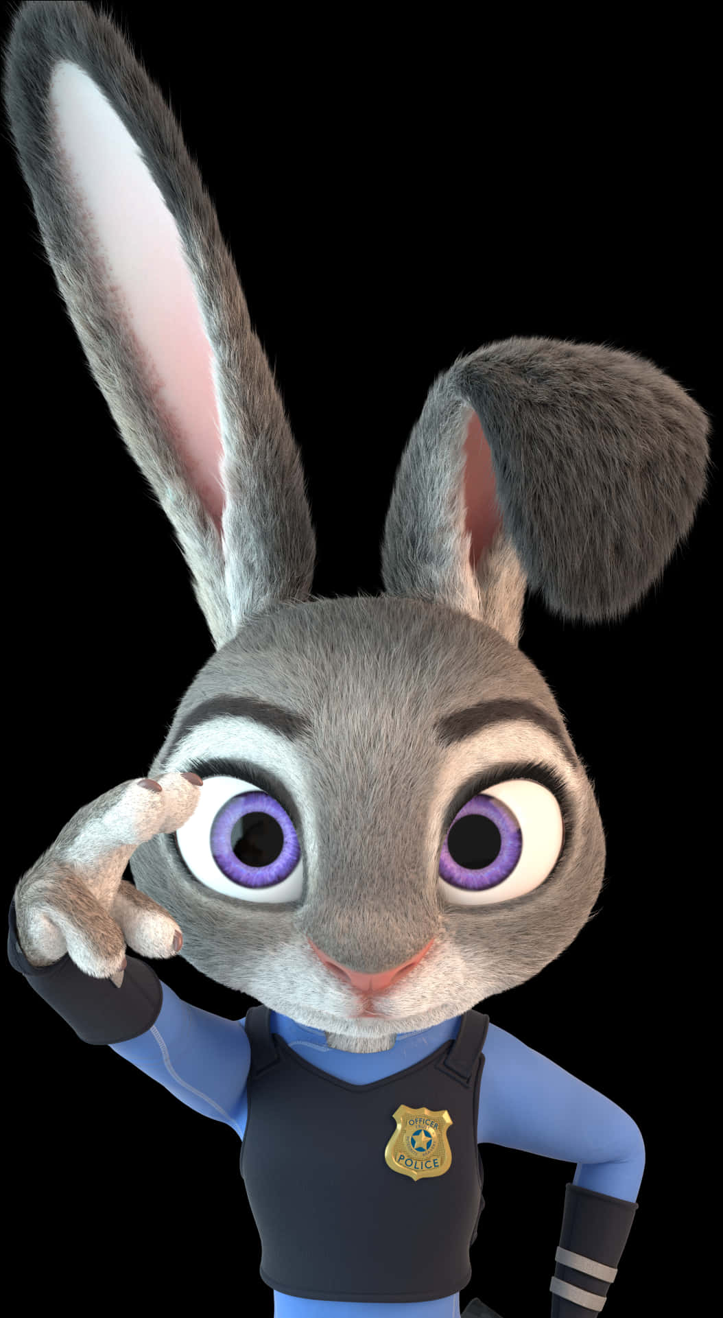 Disney Character 桌布 壁紙 — 一隻3D渲染的動畫兔警察，擁有紫色眼睛和灰色毛髮，在黑色背景前自信地敬禮。