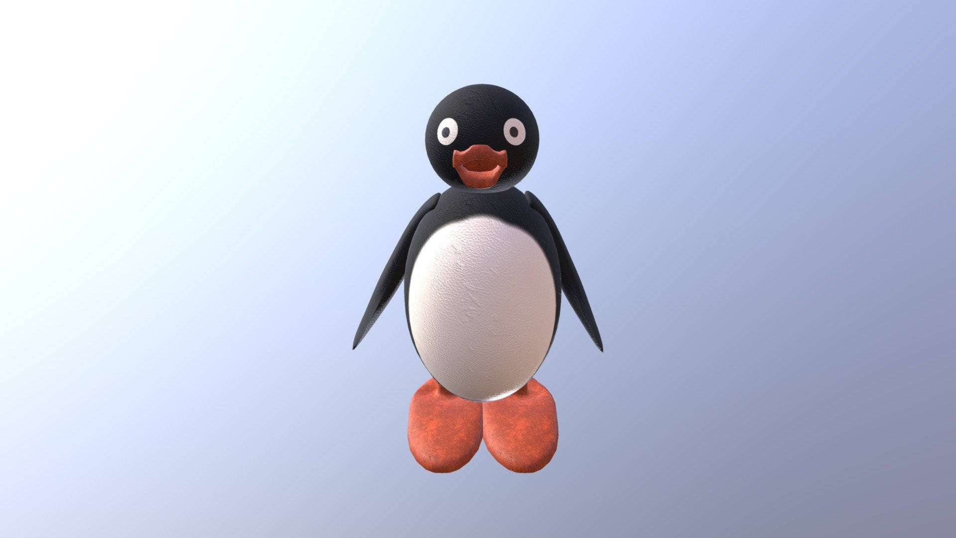 Pingu 桌布 壁紙 — 一隻3D渲染的卡通企鵝，黑色頭部、白色腹部和橙色腳掌，漂浮在柔和的漸變天空背景上。