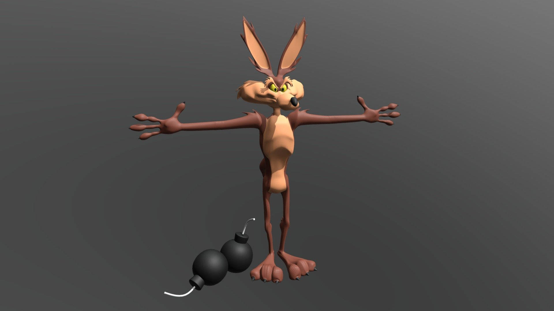Coyote 桌布 壁紙 — 一隻3D渲染的卡通兔，雙臂張開，站在一個黑色炸彈旁邊，背景是純灰色。