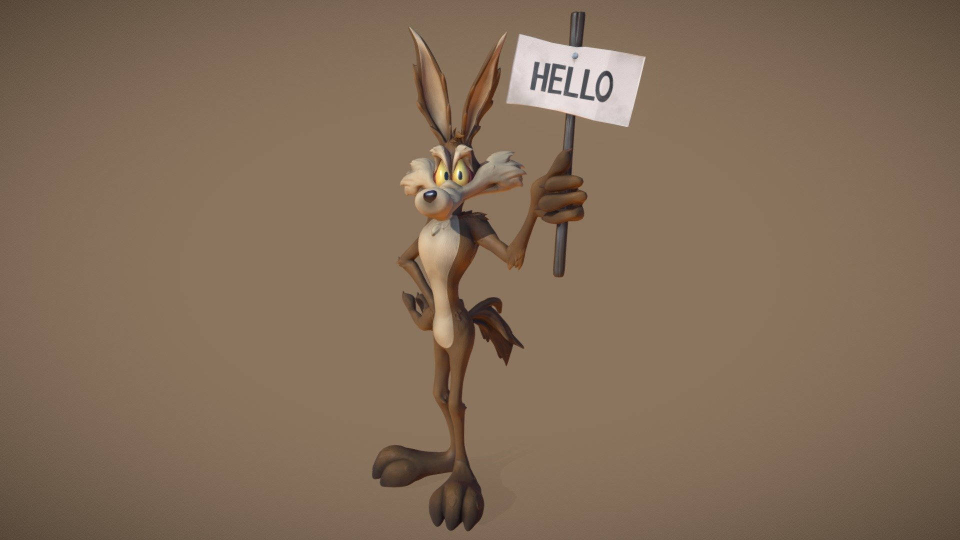 Coyote 桌布 壁紙 — 一隻3D渲染的卡通兔拿著一塊寫著「你好」的牌子，背景是純棕色。