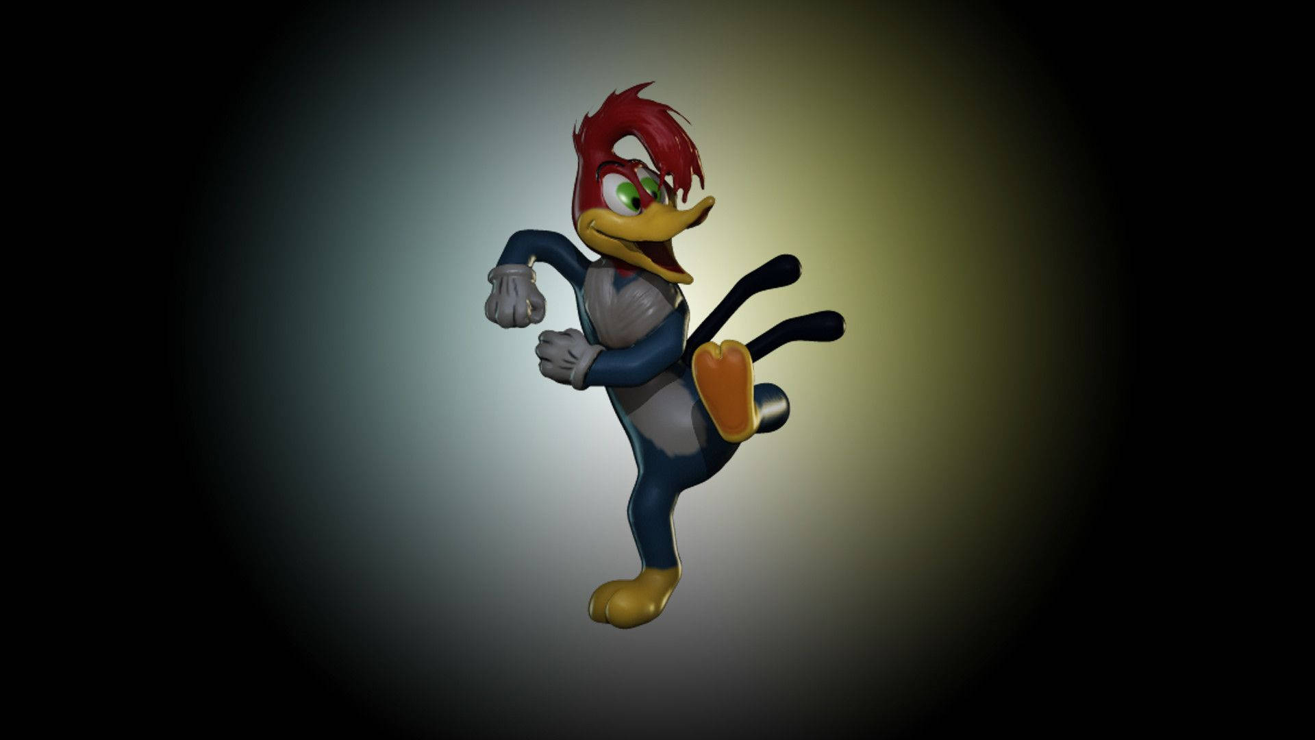 Woody Woodpecker 桌布 壁紙 — 一隻3D渲染的卡通啄木鳥在聚光燈下以動態姿勢呈現，背景為深色漸變。