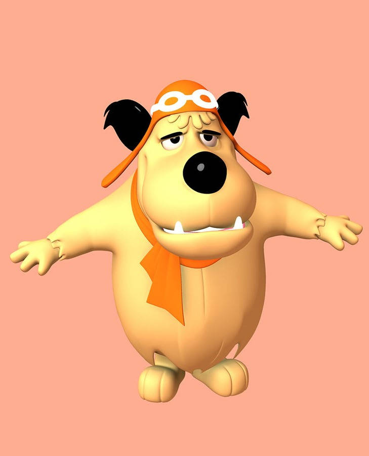 Muttley 桌布 壁紙 — 一隻3D渲染的卡通狗，戴著橙色飛行帽和護目鏡，表情擔憂，背景為純蜜桃色。