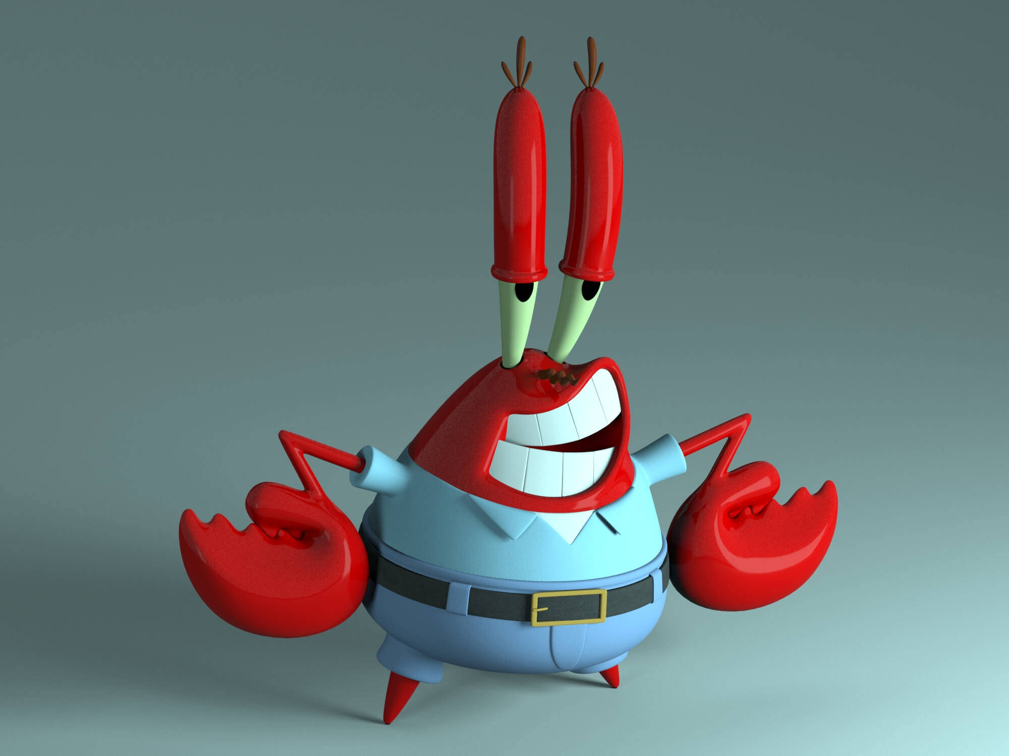 Mr Krabs 桌布 壁紙 — 一隻3D渲染的卡通螃蟹，有紅色鉗子和藍色襯衫，在純灰色背景上咧嘴大笑。