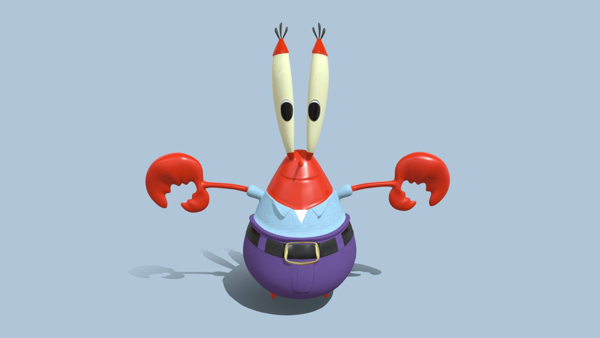Mr Krabs 桌布 壁紙 — 一隻3D渲染的卡通螃蟹，穿著紫色西裝和藍色襯衫，站在純淺藍色背景前。