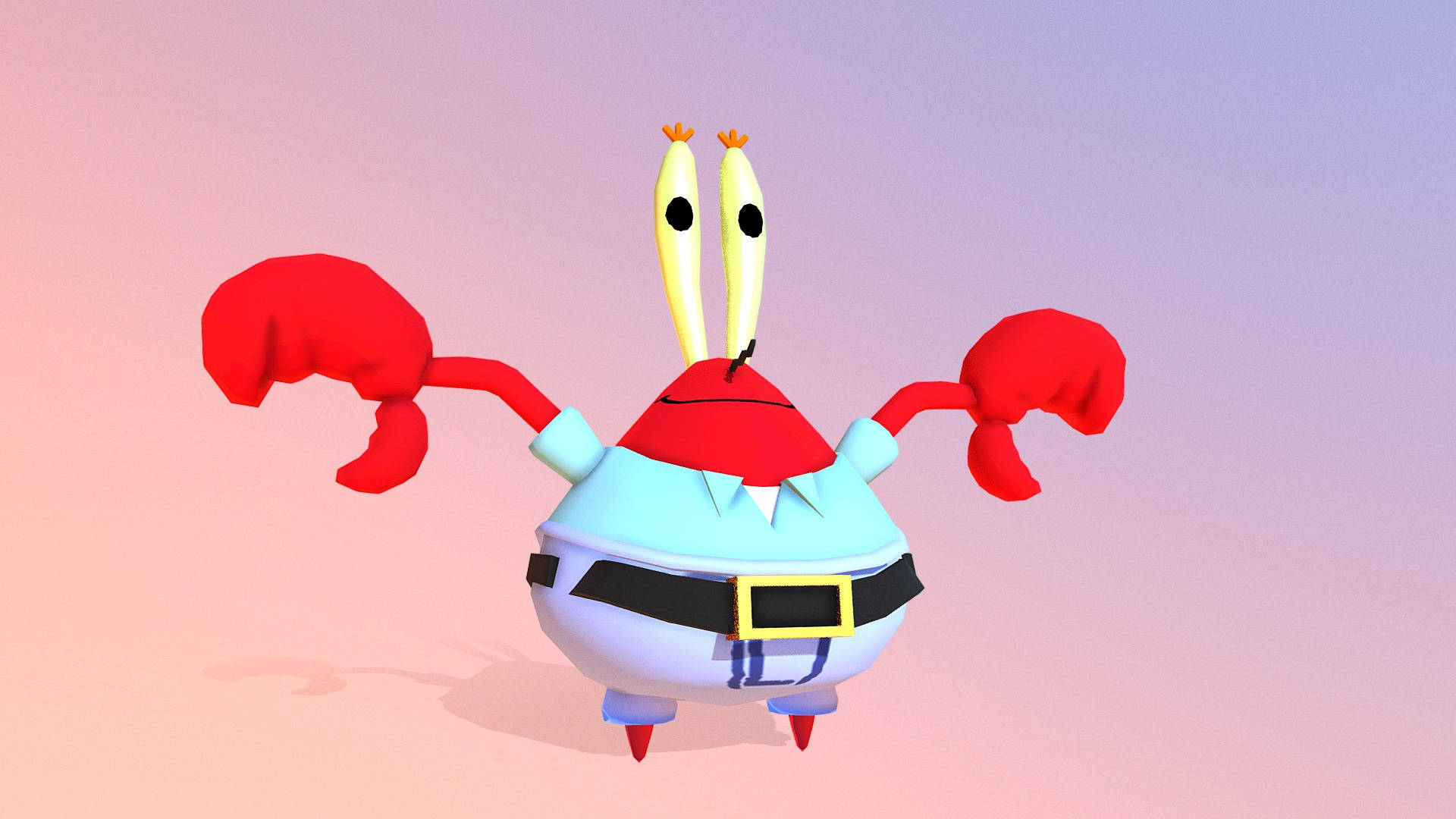 Mr Krabs 桌布 壁紙 — 一隻3D渲染的卡通螃蟹，穿著藍色襯衫和黑色腰帶，站在柔和的粉紅色和紫色漸變背景前。