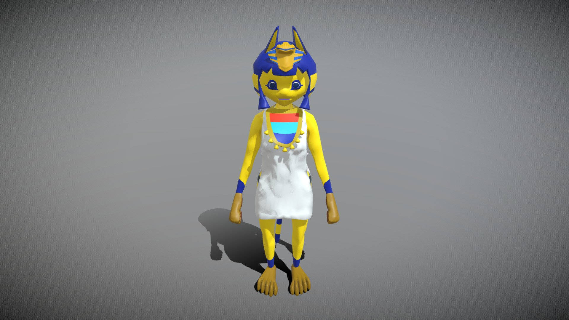 動物森友會 桌布 壁紙 — 一隻3D渲染的擬人化貓，戴著藍色頭飾，穿著白色連衣裙，站在純灰色背景前。