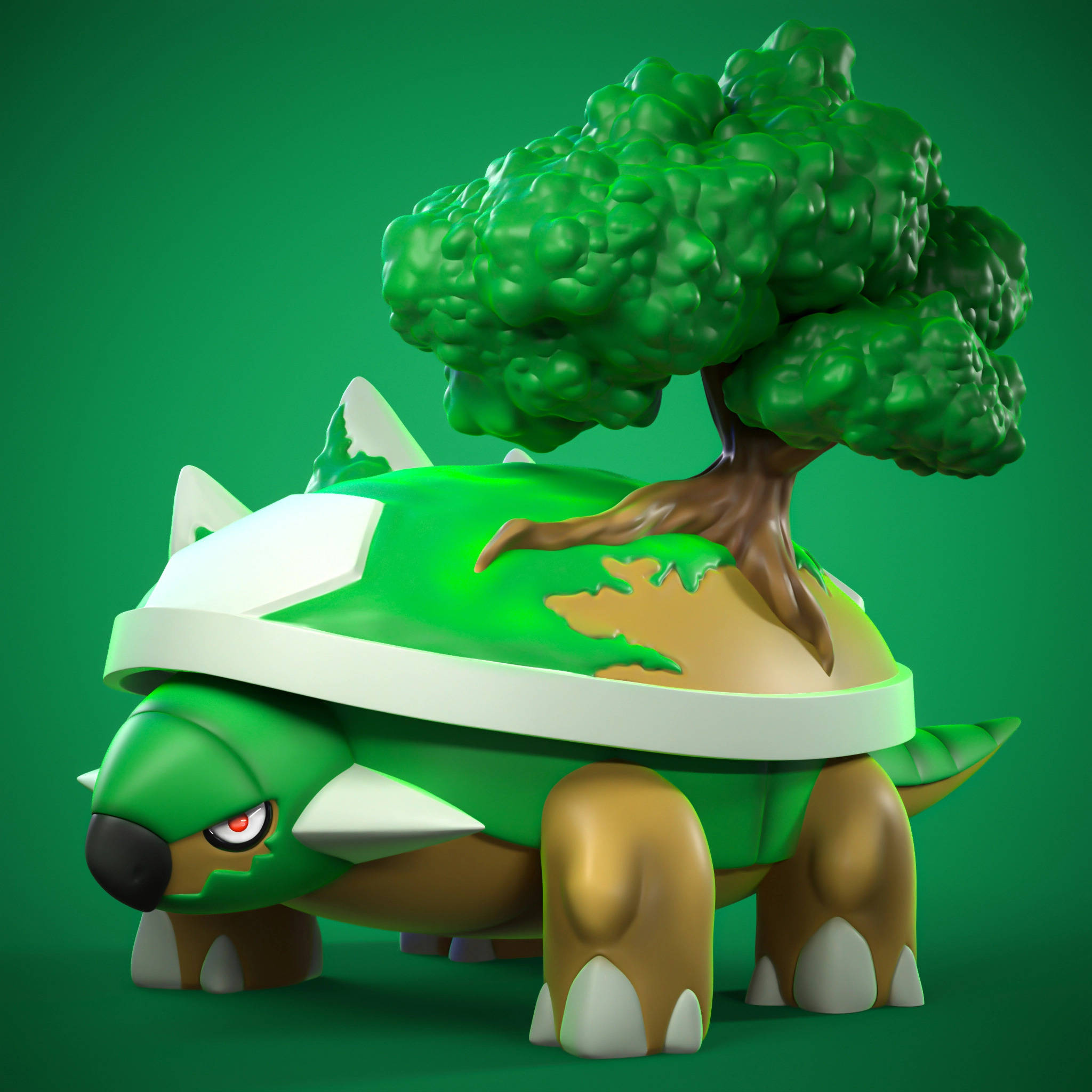 遊戲 桌布 壁紙 — 一隻3D渲染的綠色龜寶可夢，殼上長著一棵樹，背景為純綠色。