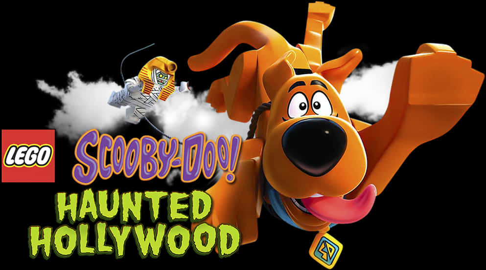 史酷比 桌布 壁紙 — 一隻LEGO Scooby-Doo在黑色背景中穿過雲層開心地跳躍，旁邊有一個木乃伊角色在飛翔。