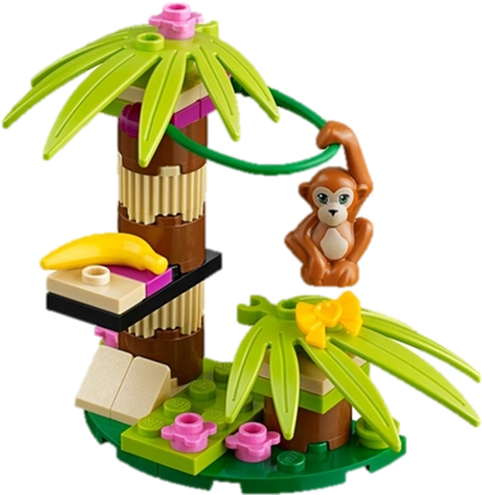 Toy 桌布 壁紙 — 一隻LEGO猴子掛在熱帶樹上的綠色藤蔓上，樹上有香蕉和粉紅色的花。