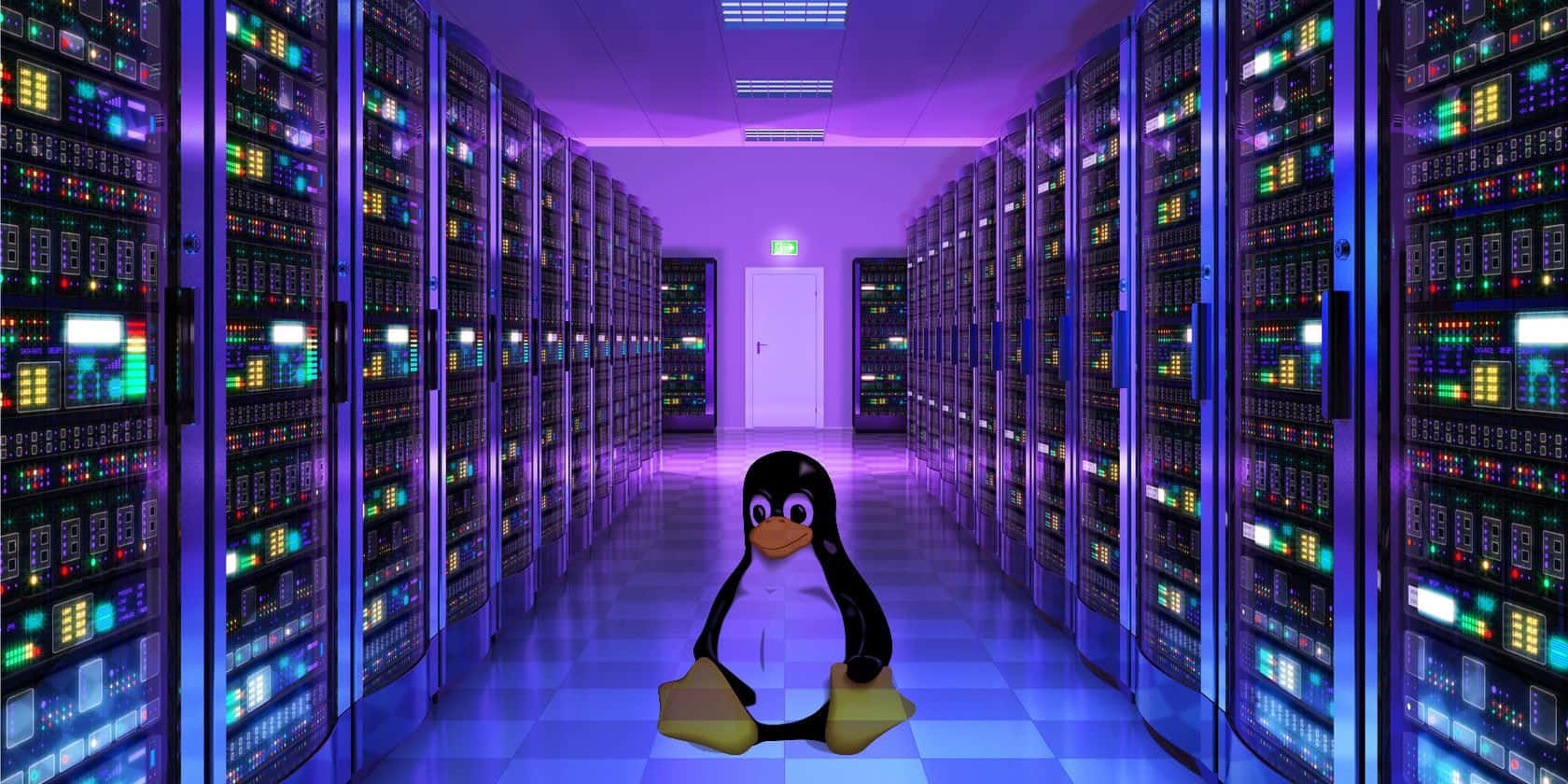 Gaming Servers 桌布 壁紙 — 一隻Linux企鵝吉祥物坐在發光的伺服器房間中央通道，兩旁是紫色燈光下閃爍的數據機架排。