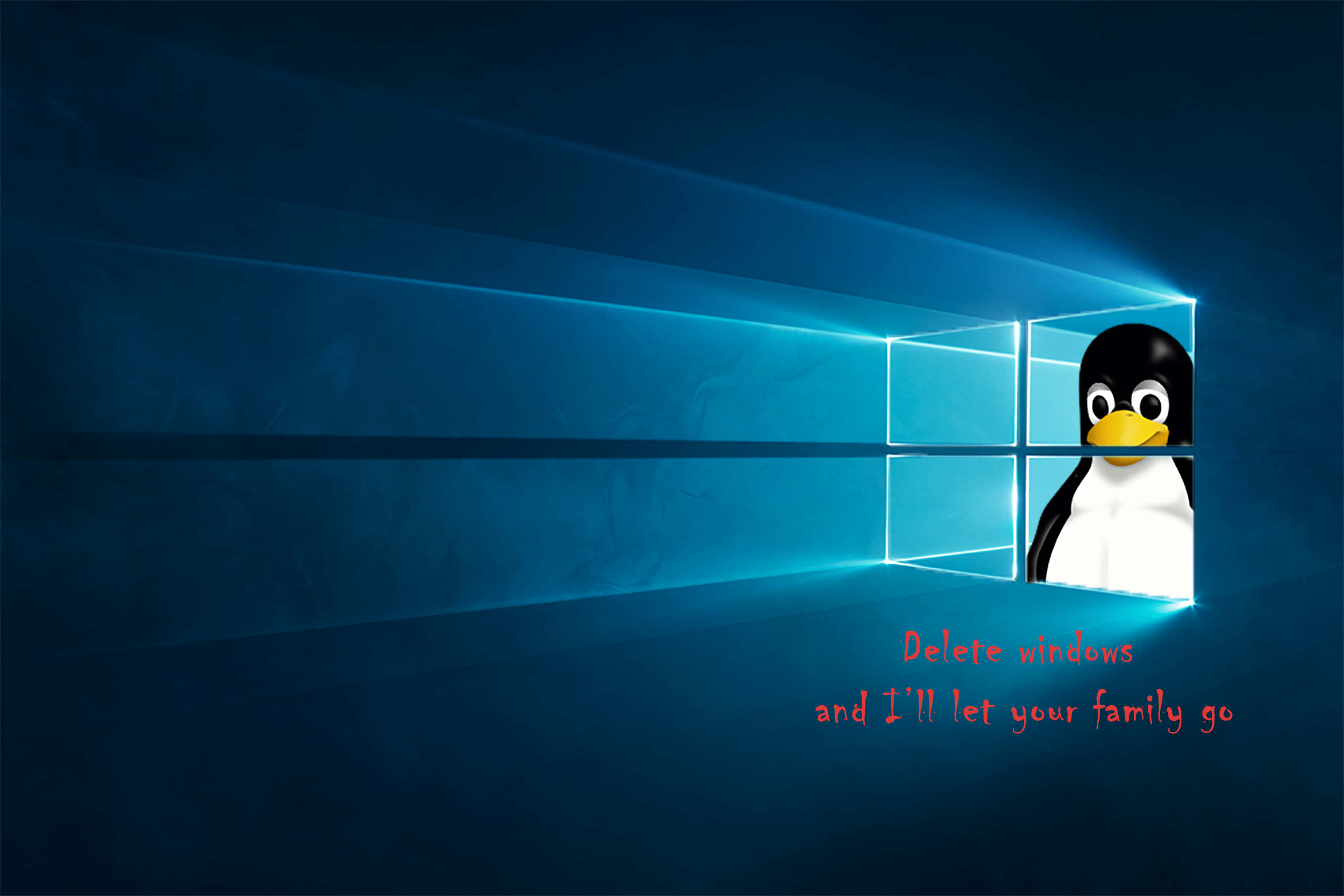 Linux 桌布 壁紙 — 一隻Linux企鵝從發光的藍色Windows標誌窗口窺視，下方有紅色勒索文字。